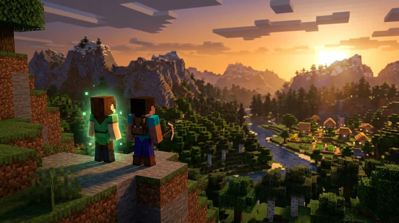 Illustration of a Minecraft player and their AI companion in a shared world.