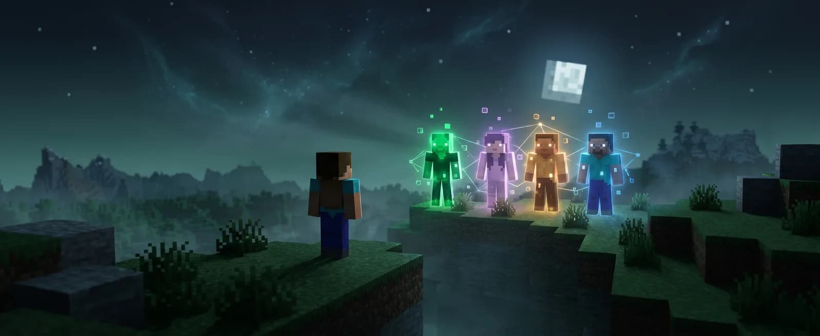 A lone Minecraft player on a cliff at night, facing four glowing AI companions — each with a different colored aura — deciding which one to choose