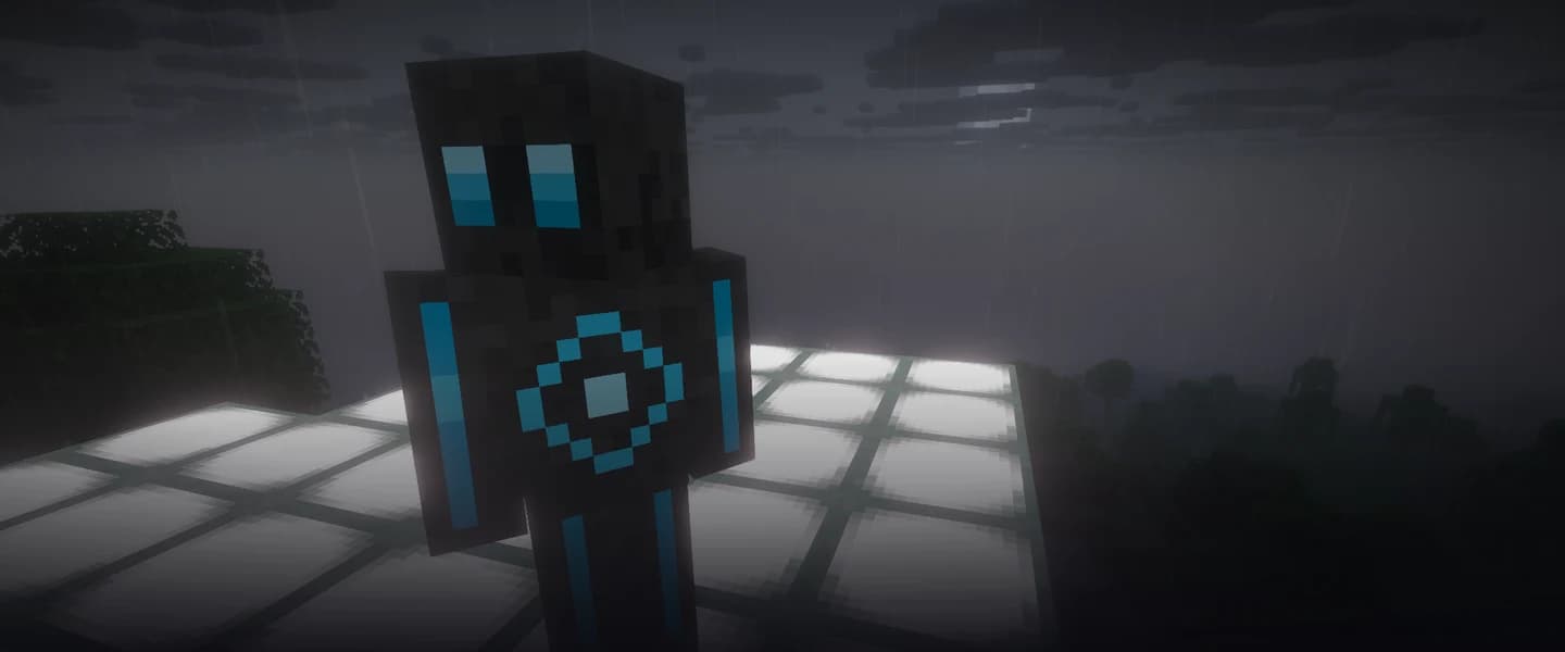 A dark VoxelMind companion with glowing blue eyes standing in the rain on the white hub platform