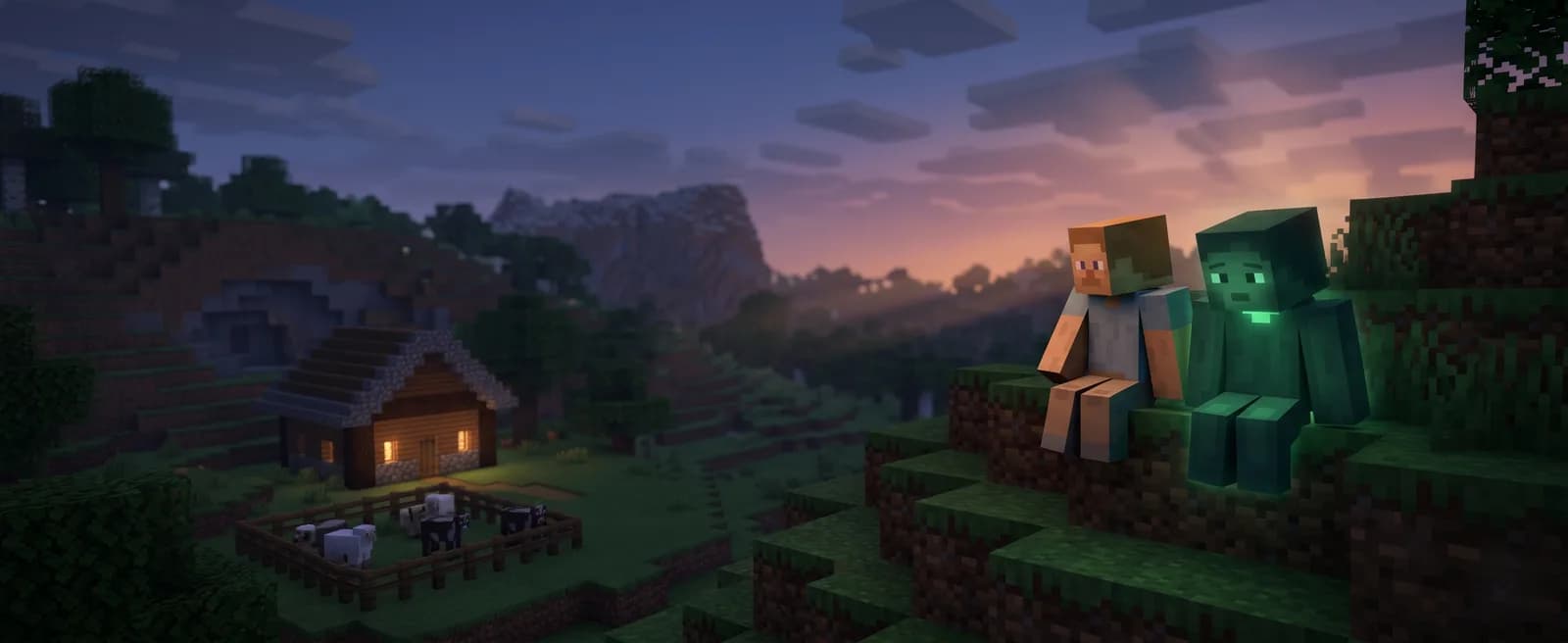 A Minecraft-style player sits beside their AI companion, glowing softly emerald, on a hillside at dusk — looking out over a small wooden cabin with warm window light in a quiet voxel valley