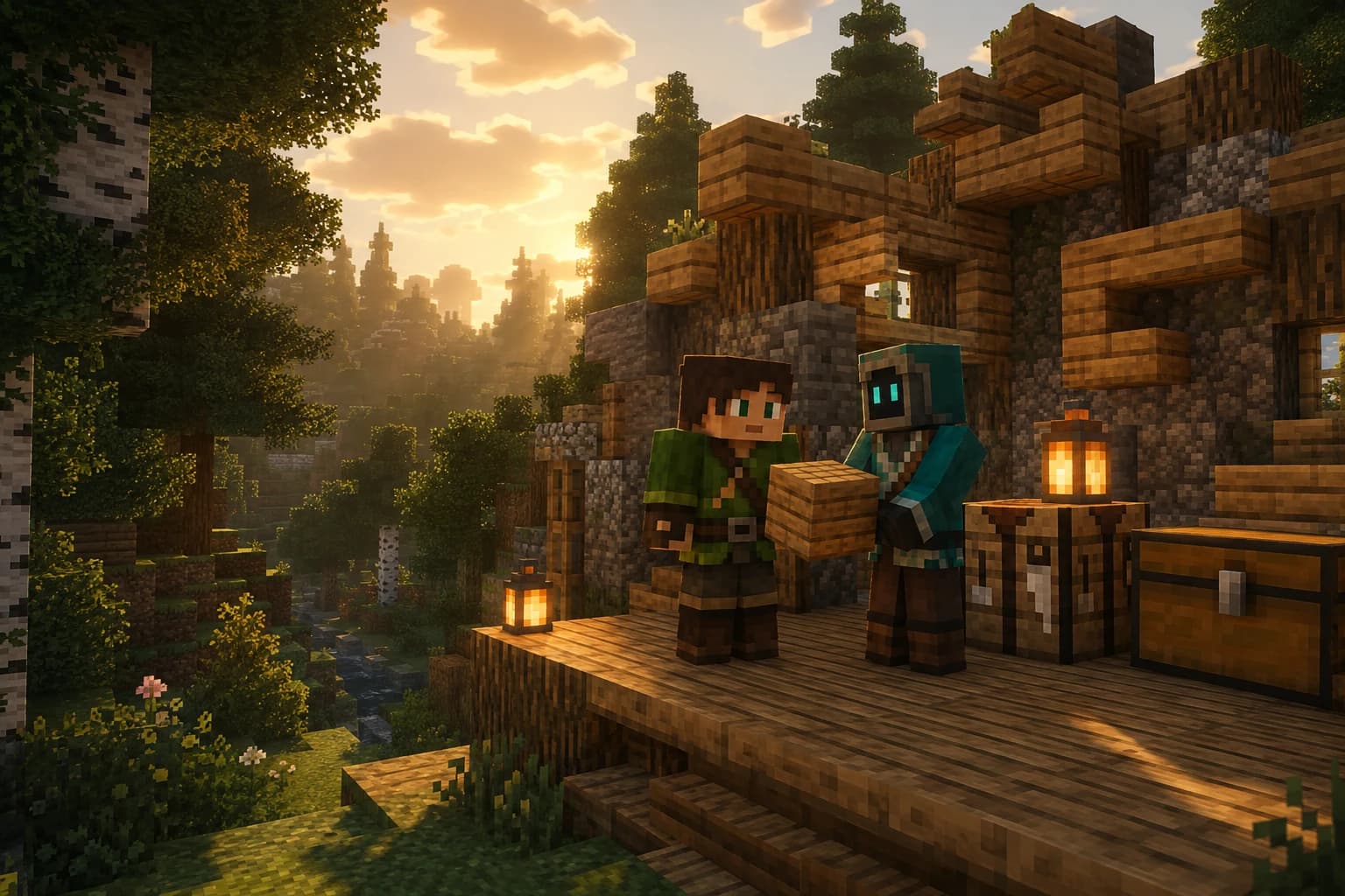 A player and their companion building a cozy home together in a Minecraft forest.