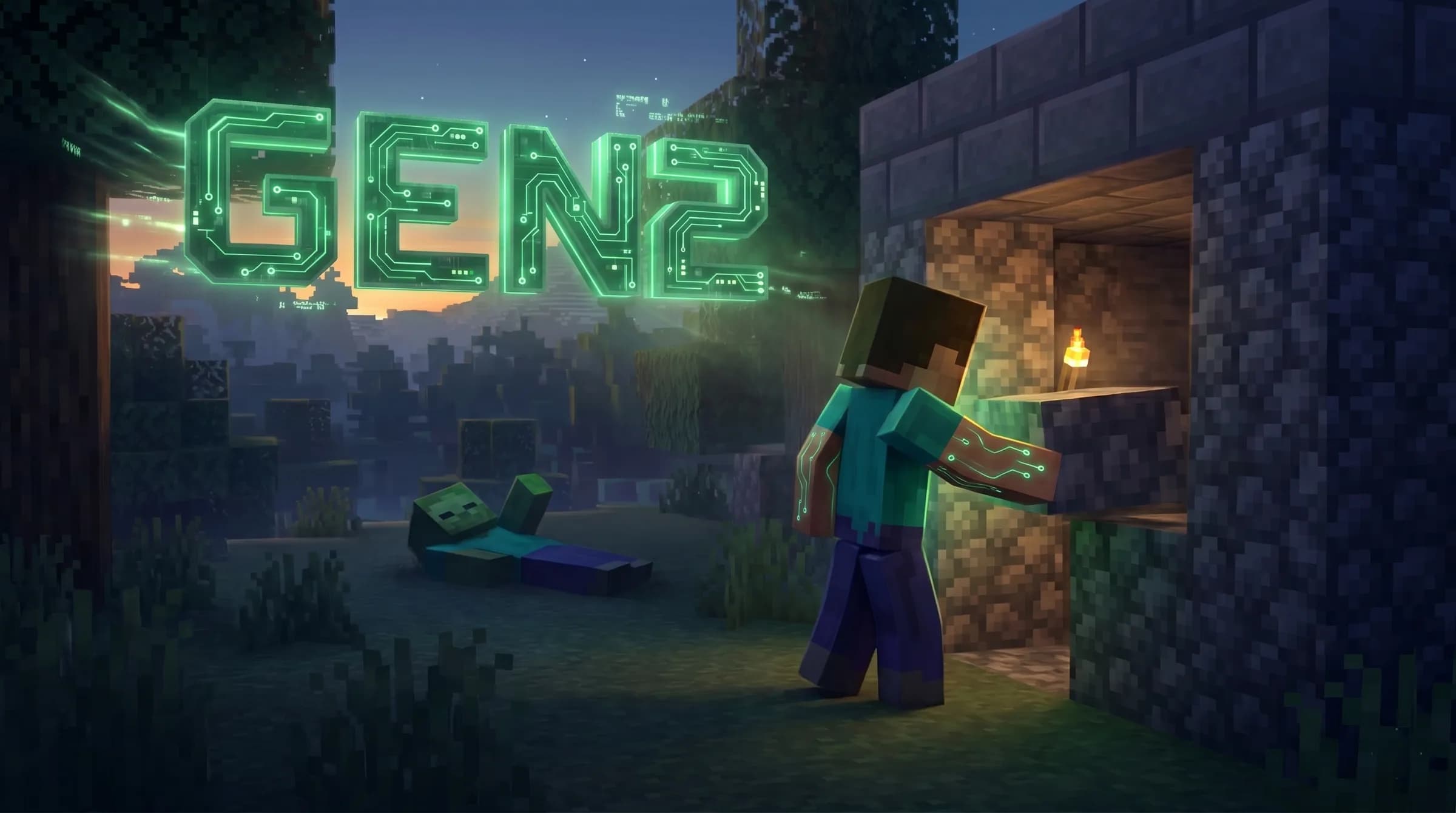 A Minecraft companion bot lighting a torch at a freshly-built stone shelter at dusk, green AI neural circuits glowing along its arms, a defeated zombie in the foreground, GEN2 sign glowing in the distance