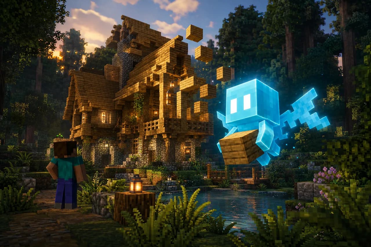 Illustration: A small cyan allay fairy holds an oak block beside a Minecraft house under construction.