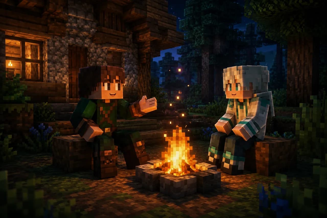 Illustration: Two Minecraft adventurers talk beside a warm campfire.