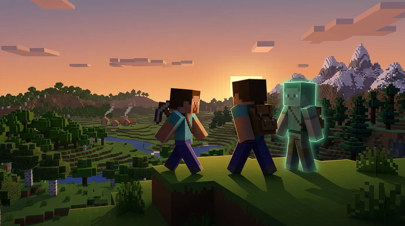 A VoxelMind AI companion standing beside the player in their own Minecraft world at dusk