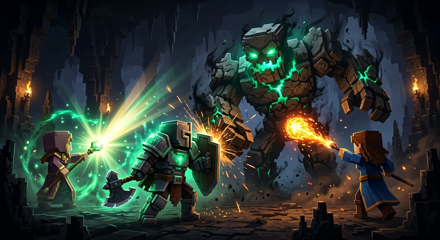 A party of voxel adventurers fights a towering elite boss deep in a dark cavern